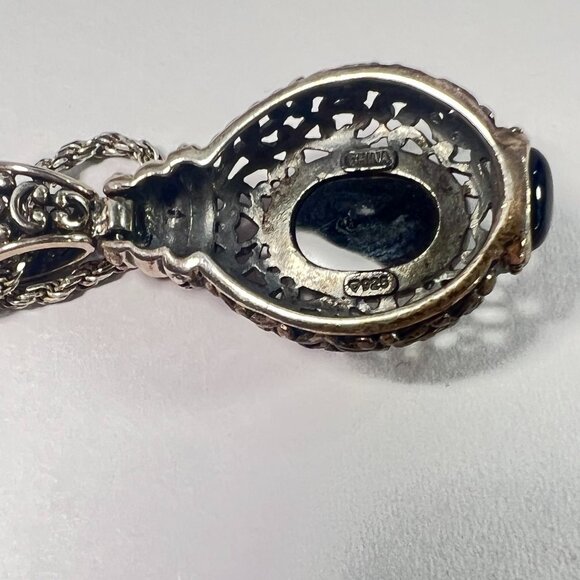 Vtg Silver Filigree Pendant Necklace Black Tourmaline Cabochon 925 Italy Chain - Picture 7 of 7